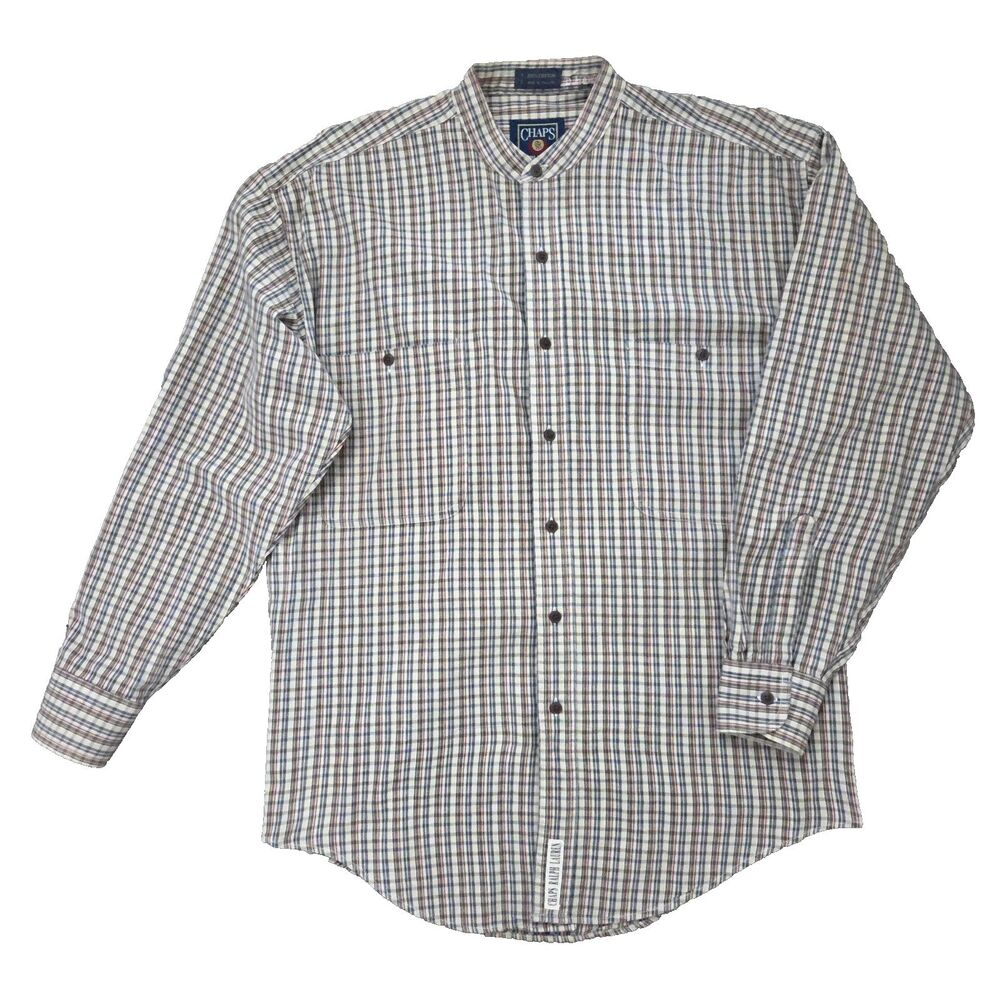 VTG Chaps Ralph Lauren Men's Button-up Shirt Sz Medium Plaid Band Collar Cotton